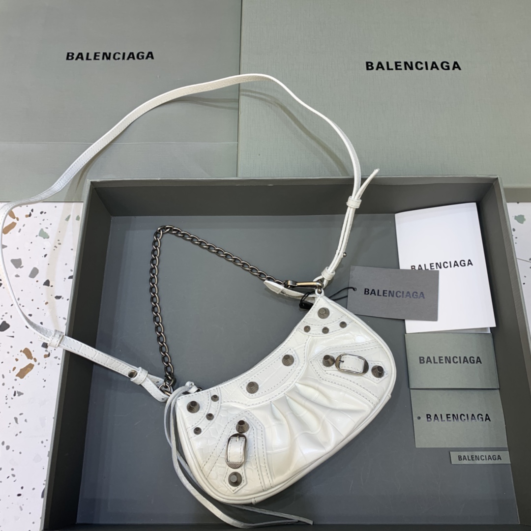 Balenciaga Le Cagole Mini Bag With Chain Crocodile Embossed Shoulder Bag White